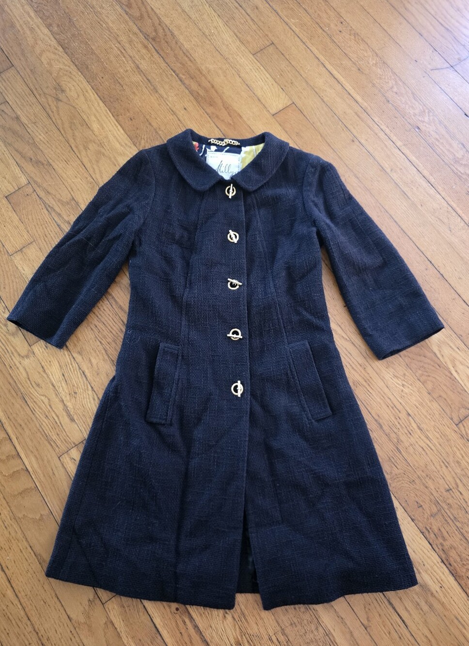 Milly Vintage Navy Textured Wool-Blend Pea Coat with Gold Buttons - Picture 2 of 5